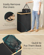 SONGMICS Laundry Hamper with Lids, Laundry Basket with 2 Compartments, 39 Gal. (150 L), Removable Liner Bag, for Laundry Room, Bedroom, Living Room, Ink Black and Light Bamboo ULCB523B01 - color: Ink Black, size: 150L (2-Section with Double Lid)