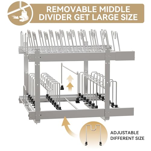 2-Tier Kitchen Pull out Cabinet Organizer for Pots, Pans, and Lid Cookware, Adjustable Heavy Duty Wire Pan and Pot Rack, Full-Extension Rail 21" W *22" D - size: 21W*22D