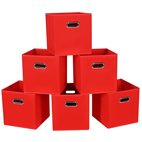 STOREONE Fabric Storage Bins Cubes Baskets Containers-(11X11X11) with Dual Handles for Shelf Closet, Nursery Home ， Bedroom Organizers, Foldable Set of 6 (Red) - color: Red, size: 6 pack