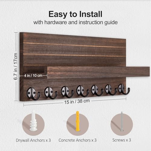 Lwenki Key Holder Wall Mount, Entryway Key and Mail Holder with 7 Sturdy Hooks for Sunglasses, Dog Leash, Decorative Wall Shelf with Mounting Hardware, 15”W x 6.7”H x 4.2”D (Brown) - color: Brown