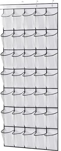 35 Large Pockets Over The Door Shoe Organizer, Hanging Shoe Organizer for Closet, Premium Clear Shoe Rack for Door, Shoes Hanger Organizers Storage Holder for Back of Door and 4 Metal Hook White - color: White, size: 35 Pockets