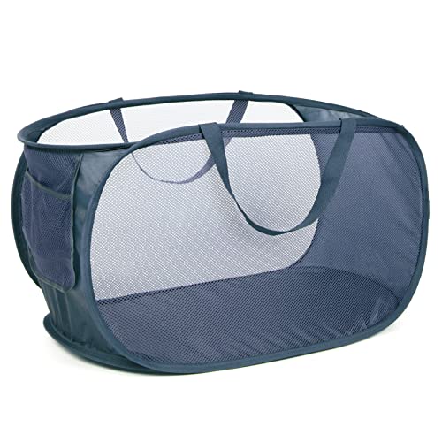 Durable Collapsible Laundry Baskets, Mesh Pop Up Laundry Hamper with Side Pocket, Foldable Clothes Storage Hamper with Reinforced Carry Handles for Laundry, Bathroom, Kids Room, Dorm or Travel Navy - color: Navy Blue