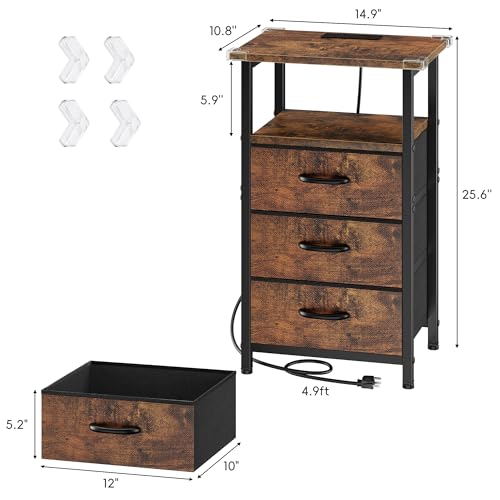 Vagusicc Night Stand with Charging Station, LED Nightstand for Bedroom, Bedside Table with 3 Fabric Drawers, End Table Side Table with USB Ports and Outlets, Bed Side Table for Bedroom, Rustic Brown - color: Rustic Brown, size: 1 Piece, style: With LEDs