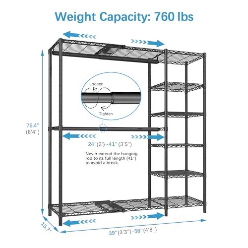 VIPEK X2 Expandable Reach-in Closet Racks Adjustable from 3'3" to 4'8" Portable Open Walk-in Closet Rack System with Flexible Shelves and Hanger Rods Clothing Rack for Hanging Clothes, Black - color: Black