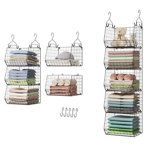 5 Tier Closet Hanging Organizer, Clothes Hanging Shelves with 4 Hanging Hooks 5 S Hooks, Wire Storage Basket Bins, for Clothing Sweaters Shoes Handbags Clutches Accessories Patent Design - color: Black