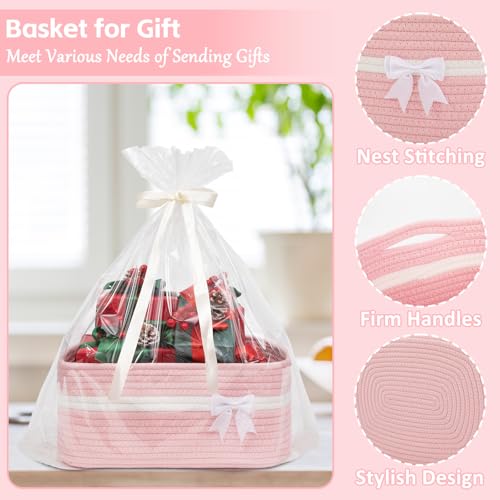 OIAHOMY Large Woven Storage Basket with Handles for Nursery Living Room Shelves, Bow Basket for Gifts Empty with Gift Bags and Ribbons for Baby Showers Pet Toy Bin - Pink - color: Pink