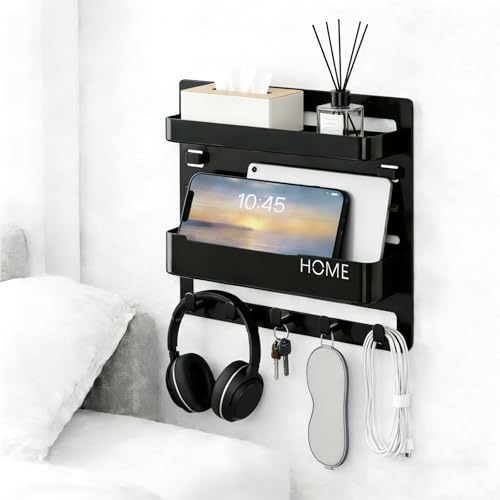 JWShang Bedside Wall Shelf - Adhesive Nightstand Organizer with Hooks and Cable Clips for Earphone Key Remote, Wall Mounted Storage for Bedroom, Dorm, RV, Rental (Black) - color: Black