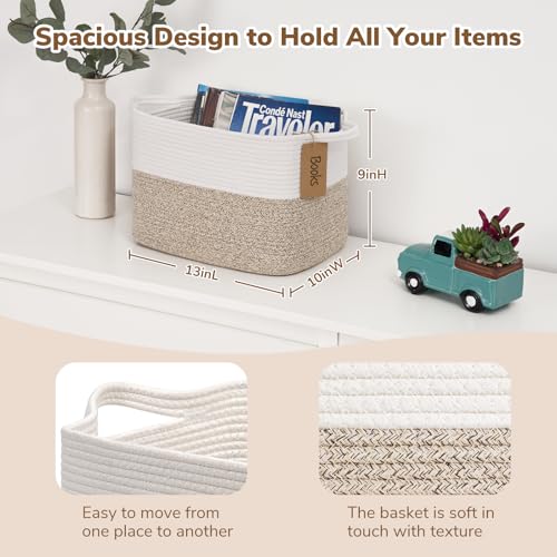 Goodpick Woven Storage Basket, Cotton Rope Basket for Dog Toys, Books, Stylish Gift Basket with Handles, 13 x 10 x 9 Inches Square Baskets for Organizing, Brown and White - color: Light Brown, size: 13"L x 10"W x 9"H