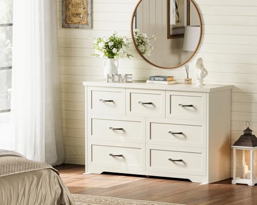 AODK Farmhouse 7 Drawer Dresser for Bedroom, 47” Wide Rustic Storage Chest with Engineered Wood Frame, Anti-Tip Design, American Country Bedroom Furniture, Vintage White - color: Vintage White, size: 15.7"D x 47"W x 29.8"H (7 Drawers)