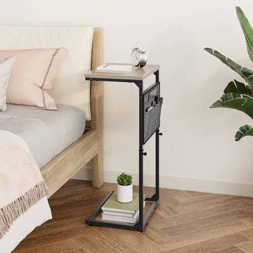Vagusicc C Shaped End Table, Set of 2 Tall Side Table for Couch, Adjustable Height Small Couch Side Table for Small Spaces, End Table Slide Under Sofa Table TV Tray Arm Table for Living Room, Grey - color: Greige 2pc