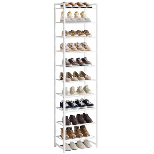 Nunsino Narrow Shoe Rack, 10-Tier Metal Shoe Organizer,Tall Shoe Shelf with Anti-Tip Strap, Max Holds 20 Pairs,Space Saving for Closet,Entryway,White - color: White, size: 10 Tier
