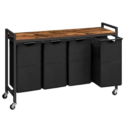 HOOBRO Laundry Sorter 4 Sections, Laundry Hamper with Wheels, 4 × 10.5 Gal (40 L), Rolling Laundry Basket, Pull-Out and Removable Oxford Fabric Bags, Rustic Brown and Black BF04XY01 - color: Rustic Brown + Black