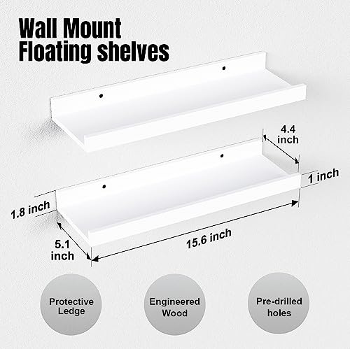 Boswillon Floating Shelves Wall Mounted Set of 2, Modern White Shelves for Bedroom, Nursery Shelves with Lip, Display Picture Ledge Shelf for Wall Decor Living Room Bathroom Kitchen - White - color: White, size: 15.7 In