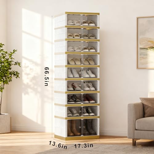 SYNCVIBE Foldable Shoe Rack Organizer Folding Shoe Boxes, 9 Tier 18 Pairs Storage Shoe Cabinet Collapsible Shoe Rack with Magnetic Clear Door Easy Assembly Shoe Cabinet with Wheels, White Gold - color: White and Golden, size: 9 Tier 18 Pairs