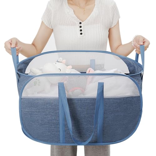 MOOMASS Pop-Up Laundry Basket，collapsible Mesh Laundry Hamper– With Extended Shoulder Straps, Sturdy Handles, and Premium Cationic Fabric (blue)… - color: blue