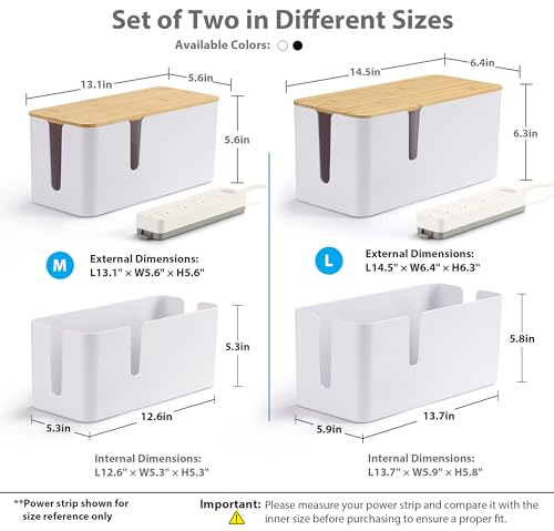 ZhiYo Bamboo Lid Cord Organizer Box, 2Pack Large Cable Management Box, Safe ABS Wire Organizer for TV and Computer, Wood Cover Cord Hider to Hide Wires, USB Hub & Under Desk Power Strip, White - color: White, size: XL + L
