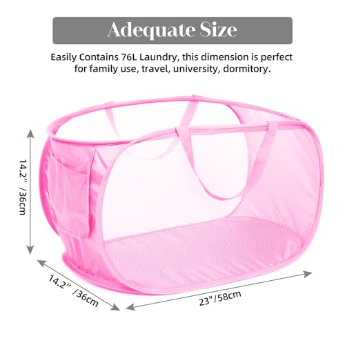 2 Pcs Durable Collapsible Laundry Baskets - Reinforced Mesh Pop Up Laundry Hamper with Pocket, Foldable Dirty Clothes Hamper with Carry Handles for Laundry, Bathroom, Kids Room, Dorm or Travel Pink - color: Pink, size: Pop Horizontal+Vertical