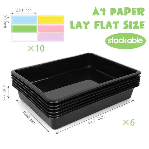 ShineMe 6 Pack Paper Trays for Classroom, Black Plastic Book Bins with Colorful Labels, Stackable Letter Size Storage Tray, Desk Organizer Tray for Home, School and Office - color: Black