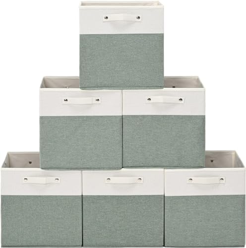 FinishingBo 13 x 13 Inch Fine Linen Storage Bins with Handles，Fabric Cube Boxs，Basket Organizers for Shelves for Home, Closet Drawers (White/Green-6 Pack) - color: White/Green-6 Pack