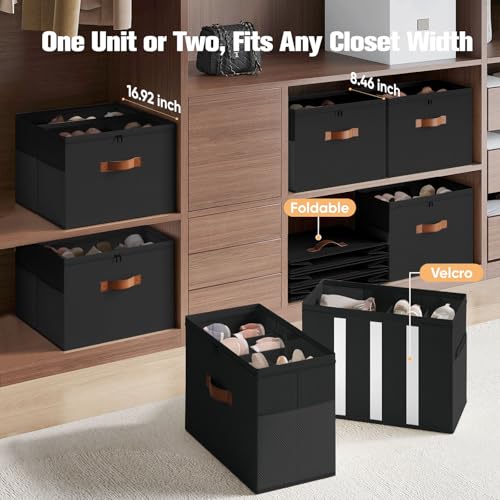 Shoe Organizer for Closet, 2-Pack Foldable Shoe Storage Box with Adjustable Dividers & Clear Cover, Fits 16 Pairs, Black, Durable and Space-Saving - color: Black, size: 2 Pack