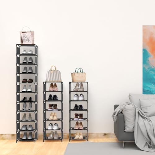 Vertical Shoe Rack, 10 Tier Narrow Shoe Rack for Closet & Entryway, Space Saving Tall Shoe Organizer for Small Spaces, Sturdy Metal Stackable Shoe Shelf Tower for Boots & Heels, Black - color: Black
