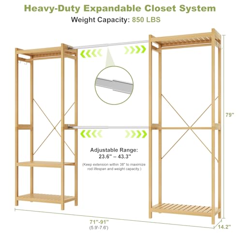 Homykic Bamboo Closet System, 71"-91" Expandable Clothing Rack with 5 Hanger Rods & Shelves, 6.6ft Tall Garment Rack Organizer for Walk-in Closet Bedroom, Max Load 850LBS, Easy to Assemble - color: Natural, size: 91"Wx14.2"Dx79"H