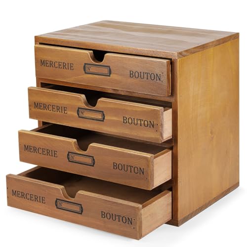 Flexzion Desktop Storage Box with Drawers - Wooden 4 Drawer Organizer Card Catalog Cabinet, No Assembly Required, Pine Wood Vintage Tabletop for Home and Office Accessories - size: 4 Drawer