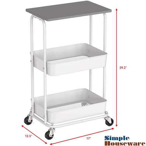 Simple Houseware 2-Tier Rolling Utility Cart with Lockable Wheels and Wood Top, Metal Storage Organizer Trolley for Kitchen, Bathroom, Office, Craft Room, Grey - color: Grey