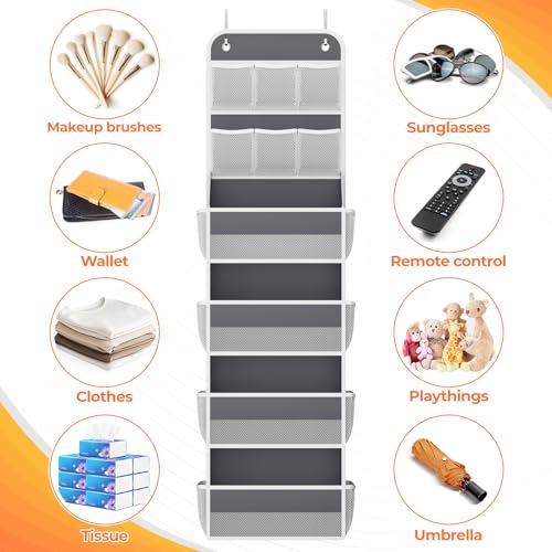 SpaceHacks 6-Tier Over the Door Organizer with Mesh Pockets, Baby Nursery Storage for Closet, Bathroom and Bedroom, Adjustable Hanging Closet Organizer for Cosmetics, Books and Essentials (Dark Grey) - color: Dark Grey, size: 6-Tier
