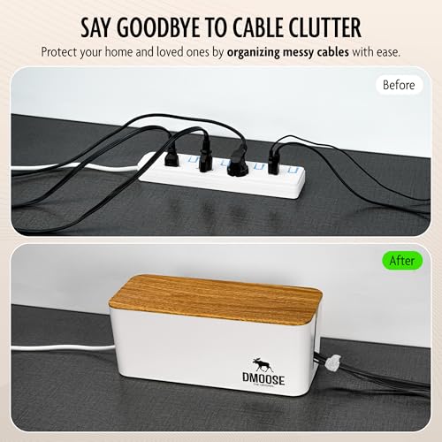 DMoose Cable Management Box - 2 Pack Medium & Large Cord Organizer for Desk & Floor, Cable Organizer Box for Child & Pet - Cable Box Hider for Tidy Office & Home (Wood Print Lid, White Box, Pack of 2) - color: Pack of 2 - Wooden Print