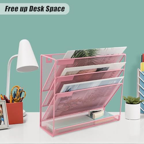 EASEPRES Desk File Organizer Mesh 4-Tier, Hanging Wall Mount Document Organization Stand, Desktop Vertical Mail Paper Folder Holder Rack with Bottom Tray for Office Home Cubicle Countertop, Pink - color: Pink, size: 4 Tier