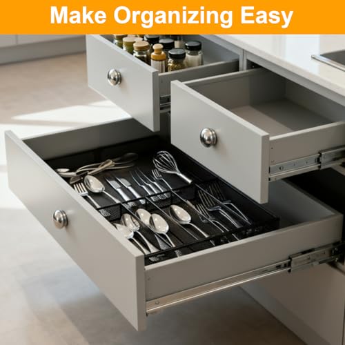 1 Pcs Utensil Drawer Silverware Organizer, Metal Mesh Expandable 13" ~24" Kitchen Drawer Organizer, 7-9 Slots Cutlery Tray Dividers for Kitchen Flatware Christmas Housewarming Gift (Black) - color: Black