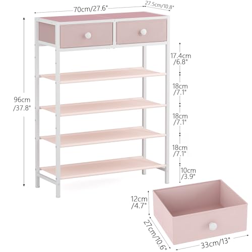Shoe Rack, 5 Tier Shoe Organizer with 2 Drawers, Metal Shoe Storage for 16-20 Pairs of Shoes with Fabric Shelves and Wooden Top, Narrow Shoe Shelf for Closet Entryway Pink - color: Pink, size: 5 Tier(27.6 × 10.8 × 37.8)