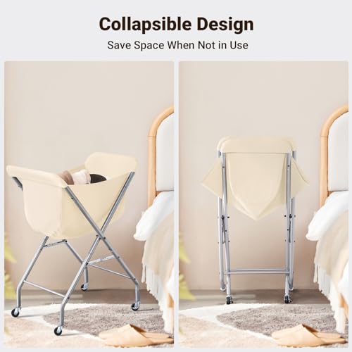 ELYKEN Laundry Cart with Wheels, 32”H Easy Rolling Laundry Hamper with Removable Liner Bag, Sturdy Metal Frame Clothes Basket with 4 Casters and 2 Brakes - color: Creamy, size: 23.2"L x 13"W x 32"H