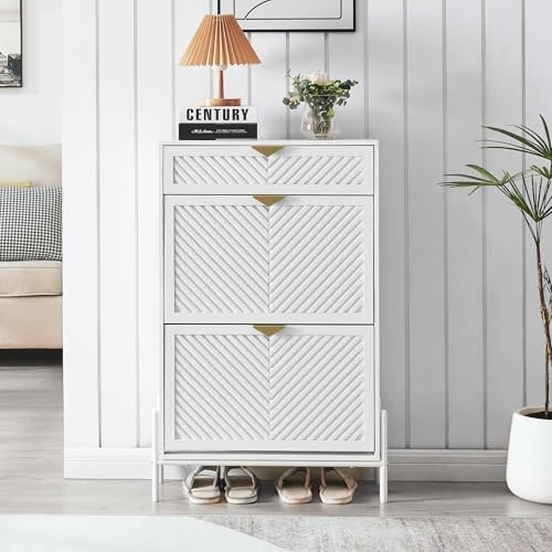 Shoe Cabinet Storage with 2 Flip Drawers, Narrow Hidden Shoes Organizer Cabinet for Entryway, Freestanding Slim Shoe Rack Front Door Entrance(White) - color: White, size: Medium