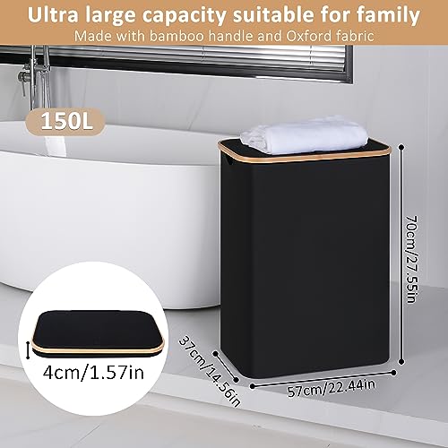 iEGrow 150L Laundry Basket with Lid,Large Laundry Hamper with Bamboo Handles, Hampers for Laundry, Dirty Clothes Hamper with 2 Removable Inner Bags for Clothes Toys Towels,Black - color: Black, size: 150L