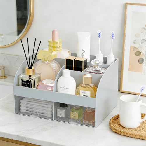 Makeup Organizer with 2 Drawers, Cosmetic Storage for Dresser Vanity and Bathroom Countertop,Make up organization and Skincare Storage with Beauty Brush Holder, Cosmetic Display Case (Grey) - color: Grey