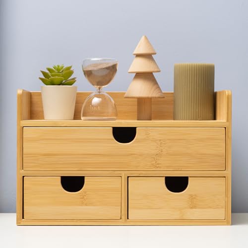 MEEDEN Bamboo Desk Organizer with Drawers: Desktop Storage Container with Shelf - Tabletop Storage Organization Box for Office Home Toiletries Supplies - color: 3 Drawers with shelf