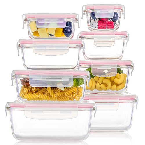 Vtopmart 8 Pack Glass Food Storage Containers with Airtight Lids, Glass Meal Prep Containers, Lunch Containers for Microwave, Oven, Freezer and Dishwasher, BPA Free - color: Pink