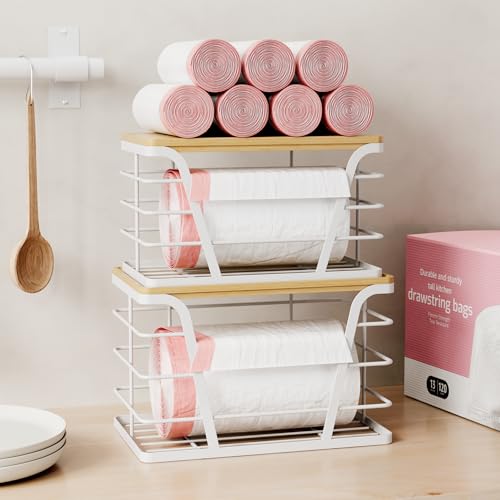 TIDIIABODE 2 Pack Stackable Laundry Room Organization and Storage, Laundry Room Decor and Accessories, Trash Bag Holder with Bamboo Top and Garbage Bag Dispenser, White - color: 2-Pack-L&S-White