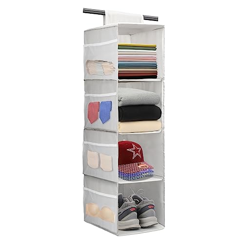 PetsHome 4-Shelf Hanging Closet Organizer, Space Saver, Closet Hanging Storage Shelves with Mesh Pockets & Magic Tap for Storage, Foldable-Grey - color: Grey, size: 4 Shelf