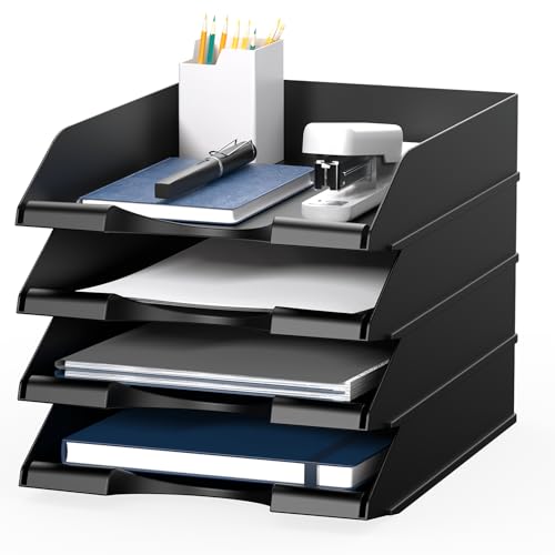 4 Pack Stackable Paper Trays for Letter Documents, Desktop File Organizers for Office Supplies, Stackable Desk Tray Holder for Paper Storage, Black - color: Black