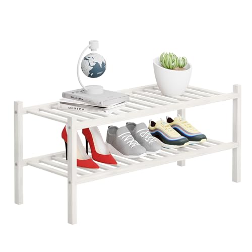 2 Tier Bamboo Shoe Rack Storage Organizer for Closet, Multifunctional Stackable Free Standing Shoe Shelf Organizer for Small Space,Entryway, Hallway, Bathroom27 x11 x13 (White, 2 Tier) - color: White, size: 2 Tier