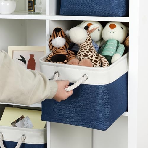 Temary Fabric Storage Baskets 4Pack Storage Bins Decorative Basket for Gift, Clothes Bin with Rope Handle, Rectangle Baskets for Storage, Blankets(White&Blue,15x11x9.5 inch) - color: White&blue, size: 15"L x 11"W x 9.5"H