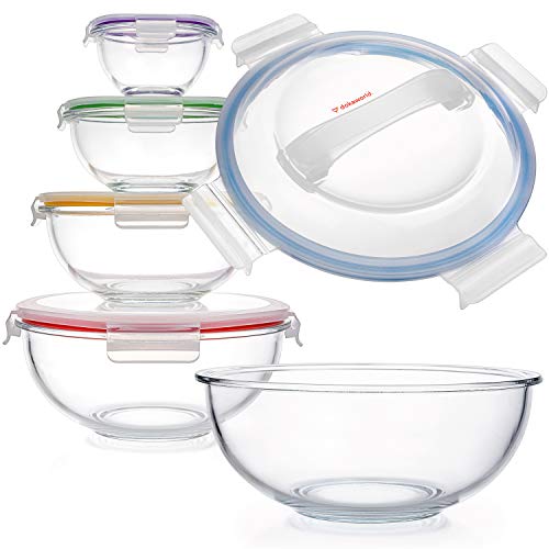 Set of 5 Stackable Space-Saving Nesting Glass Bowls with BPA Free Lids for Foodprep, Storage, Baking, Mixing & Cooking, Microwave Safe - Durable Inert Borosilicate Glass - color: 5 Mixing Bowls with PP Lids