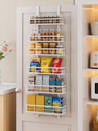 Delamu Over the Door Pantry Organizer, 6 Tier Pantry Door Organizer with Adjustable Basket, Door Spice Rack Seasoning Organizer, Metal Hanging Pantry Organizers and Storage for Kitchen,15.3" White - color: White, size: 6 Tier-M