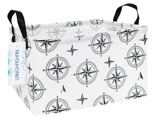 LANGYASHAN Rectangular Storage Bin Collapse Canvas Fabric Cartoon Storage Basket with Handles for Organizing Home Kitchen Boys and Girls Toys Office Closet Shelf Baskets (Rec Black Compass) - color: Rec Black Compass