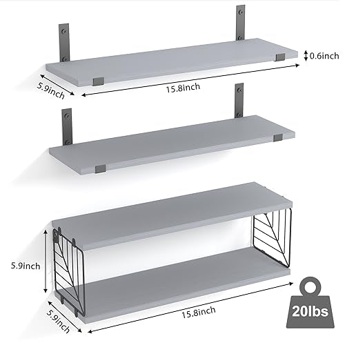 Fixwal 3+1 Tier Bathroom Floating Shelves Over Toilet, 15.8in Farmhouse Rustic Wood Shelves, Wall Decor for Bathroom, Living Room,Bedroom and Kitchen (Gray) - color: Grey