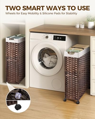 Greenstell Laundry Hamper with Wheels, 17.4 Gallon (66L) Slim Laundry Basket with 2 Removable Liner Bags & 2 Mesh Bags, Narrow Rattan Clothes Hamper for Bedroom, Laundry Room, Bathroom, Brown - color: Brown, size: 66L (19.7 x 7.9 x 27.6 inches)