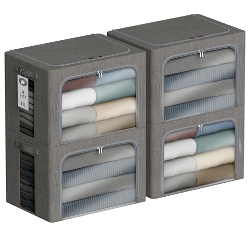4 Pack Clothes Storage Bins with Metal Frame - 22L Stackable Storage Box with Lid，Foldable Storage Container Organizer for Clothes，Linen Fabric Storage Box with Clear Window＆Zippers＆Handles - color: Grey, size: 22L